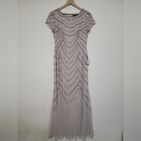 Adrianna Papell Beaded Boat Neck Cap Sleeve Gown - Picture 2 of 7